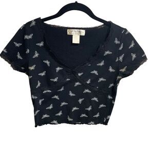 Cut and Pasted Womens Y2K Black Cropped Butterfly Baby Tee XS 90s Festival Boho